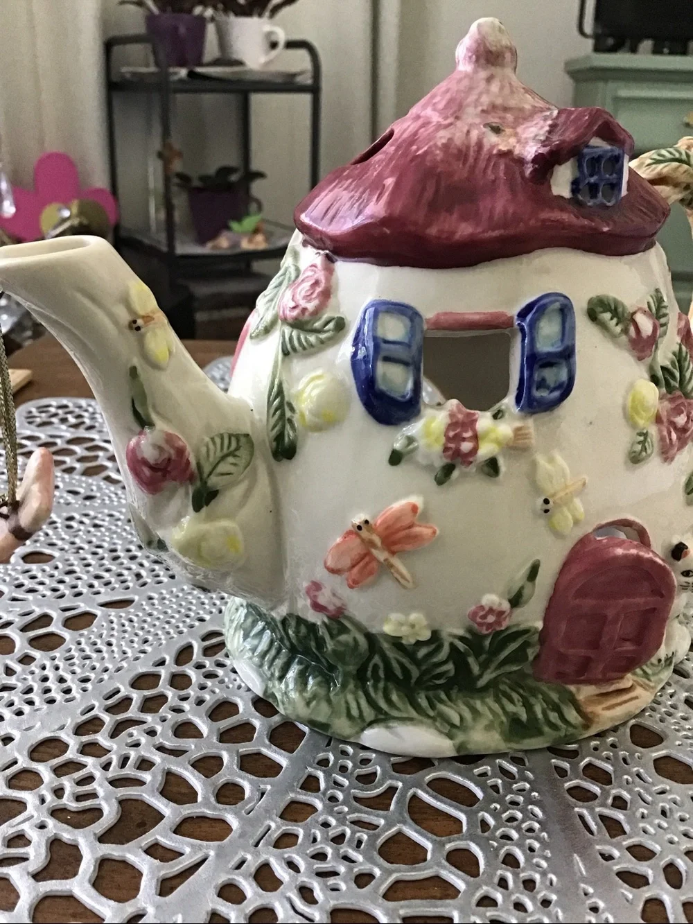 Teapot Cottage Tealight Holder Luminary, fairy garden look